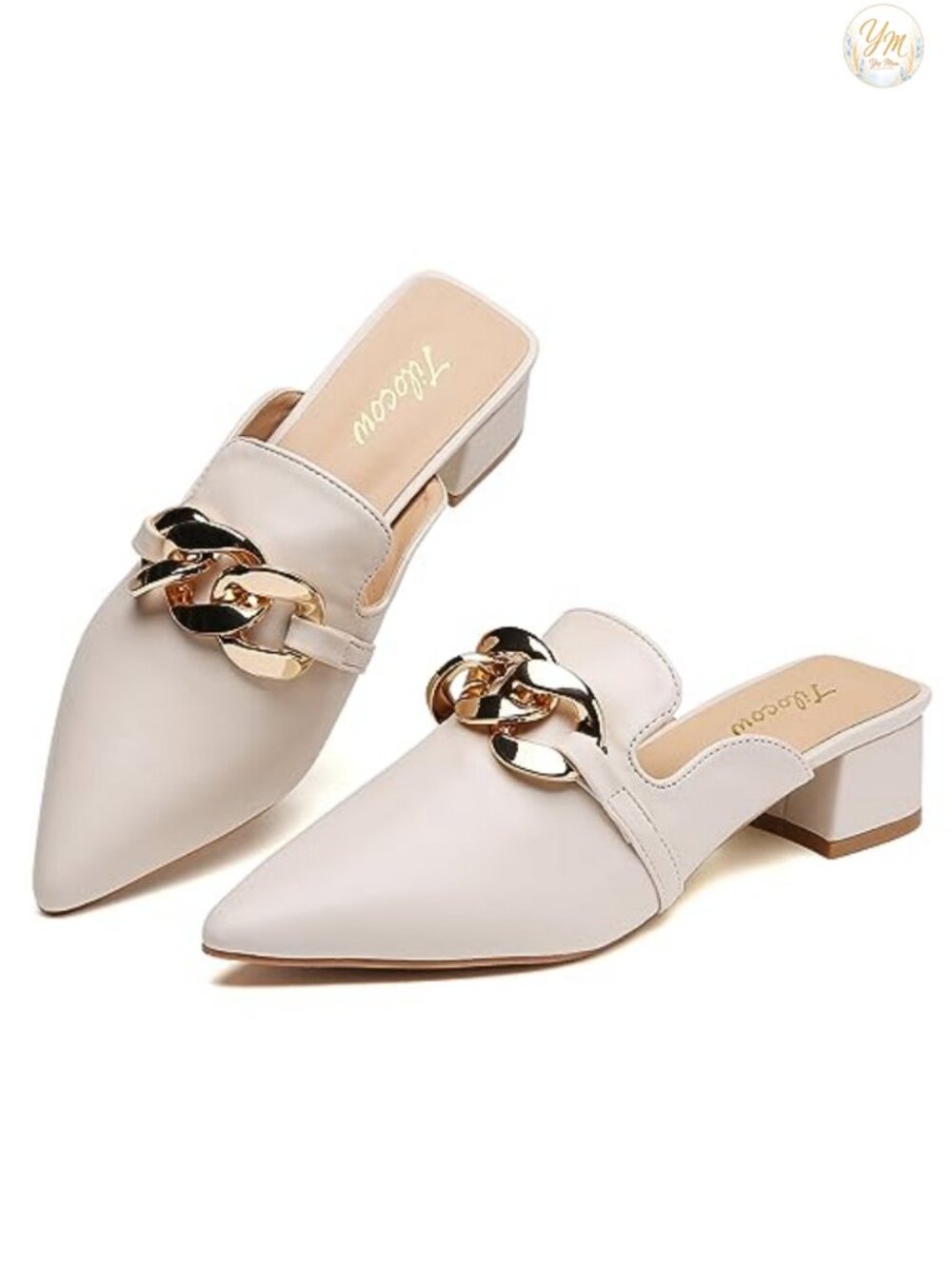 Women's Metal Chain Block Heel Mules Closed Toe Slip On Shoes